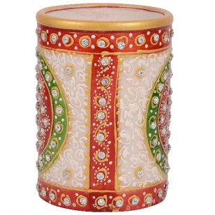 White Marble Pen Stand with Rajasthani meenakari Painting Pen Pencil Organizer