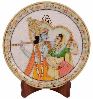 Cut Work Radha Krishna Round Shape Marble Showpiece Plate with Stand