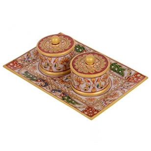  Marble dry fruit platter cum all purpose Handcrafted Tray With two Bowls( 22 cm x 8.5 cm x 17 cm)